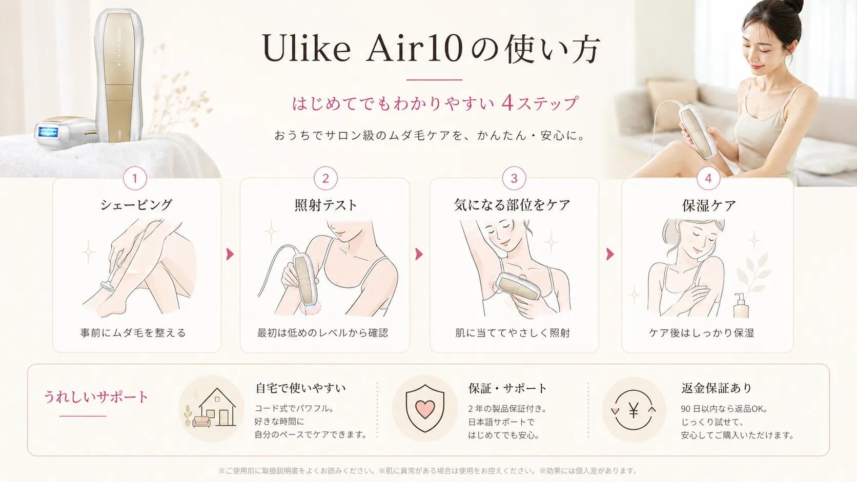Ulike Air10の使い方。シェービング・照射テスト・気になる部位をケア・保湿ケアの4ステップ